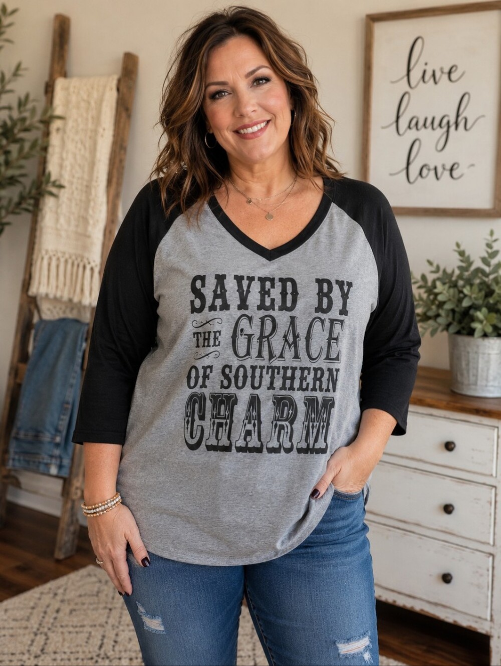 Kavio! Saved by the Grace of Southern Charm Graphic 3/4 Sleeve Jersey Tee ShiRT